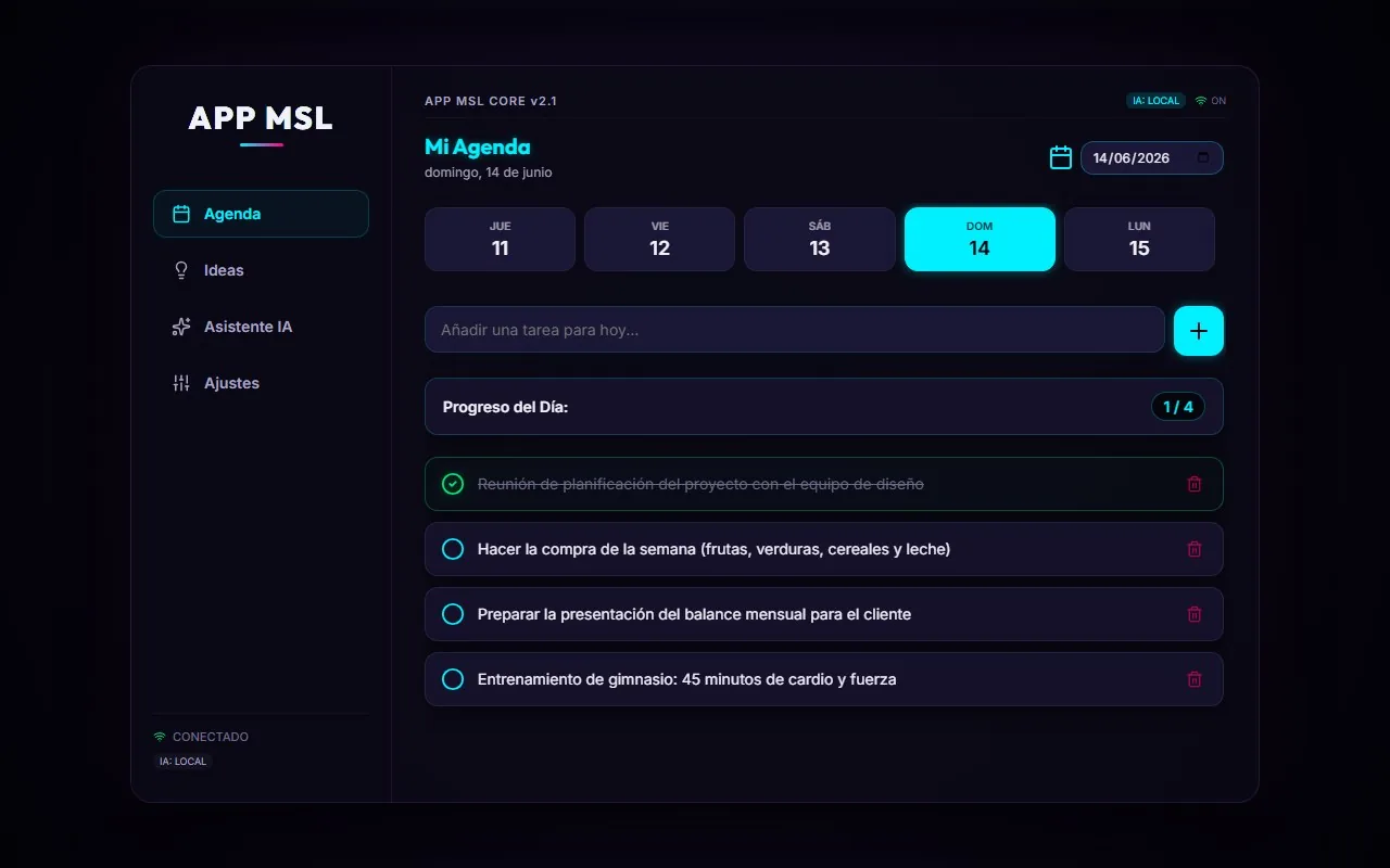 Interfaz de la app web de organización personal, mobile-first, desarrollada por MISTEREIA