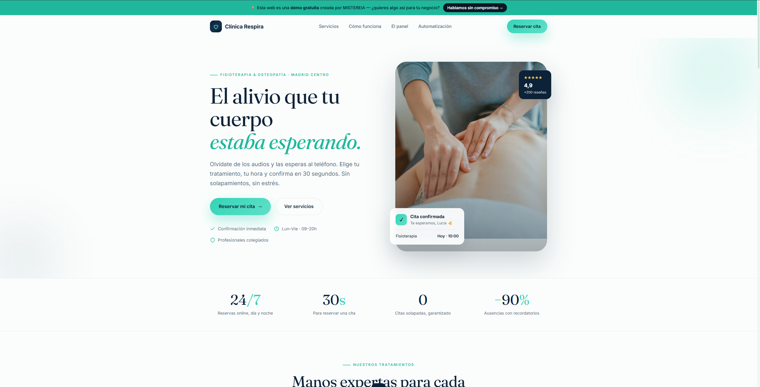 Demo web de clínica de fisioterapia con reservas online y recordatorios automáticos desarrollada por MISTEREIA