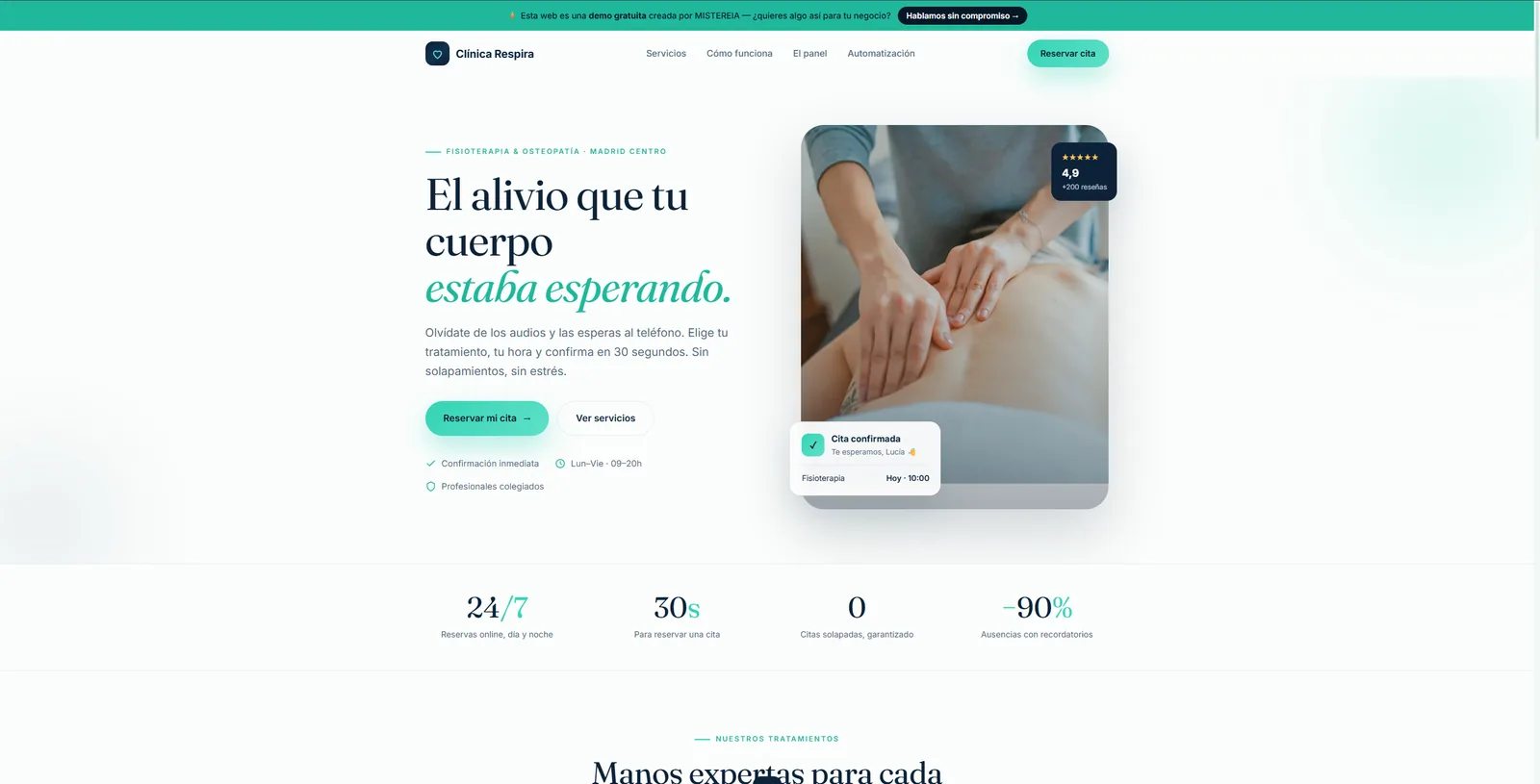 Demo web clínica de fisioterapia con reservas online y automatizaciones — MISTEREIA