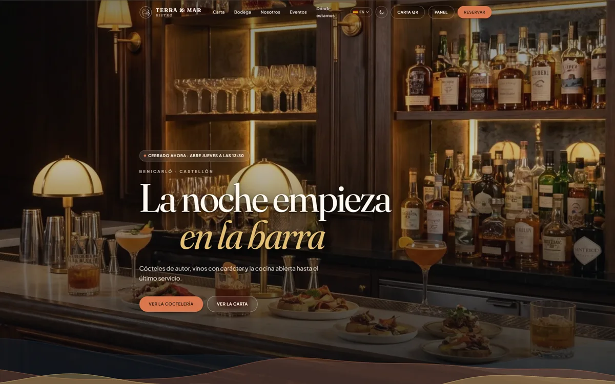 Demo web de restaurante Terra & Mar Bistró con modo día/noche, carta QR y panel de gestión — MISTEREIA